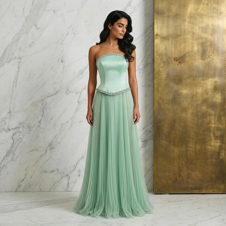 Elegant Strapless Chiffon Pleated Evening Dress with Crystal Trim Corset SS789-DreamyVow