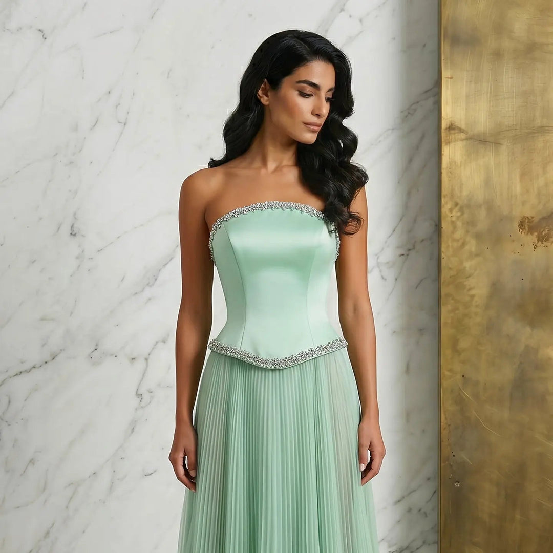 Elegant Strapless Chiffon Pleated Evening Dress with Crystal Trim Corset SS789-DreamyVow