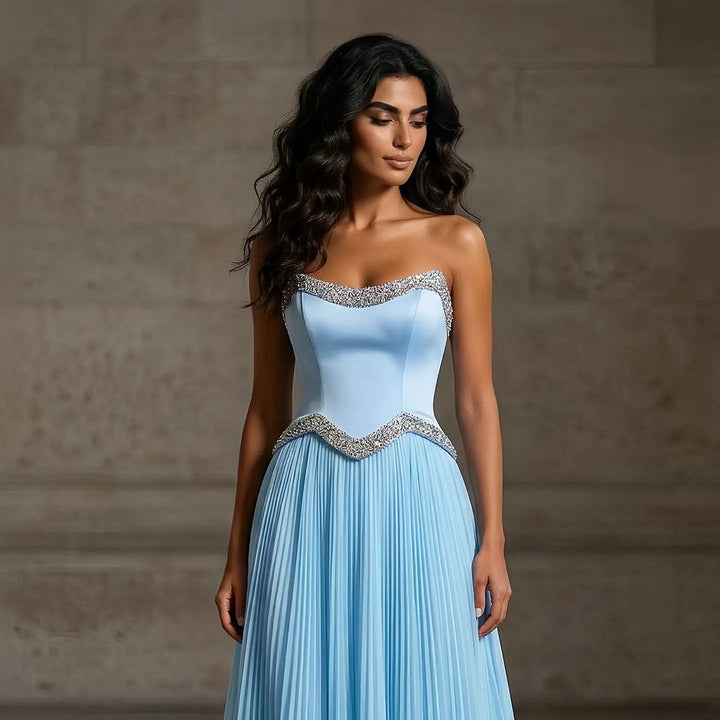 Elegant Strapless Chiffon Pleated Evening Dress with Crystal Trim Corset SS789-DreamyVow