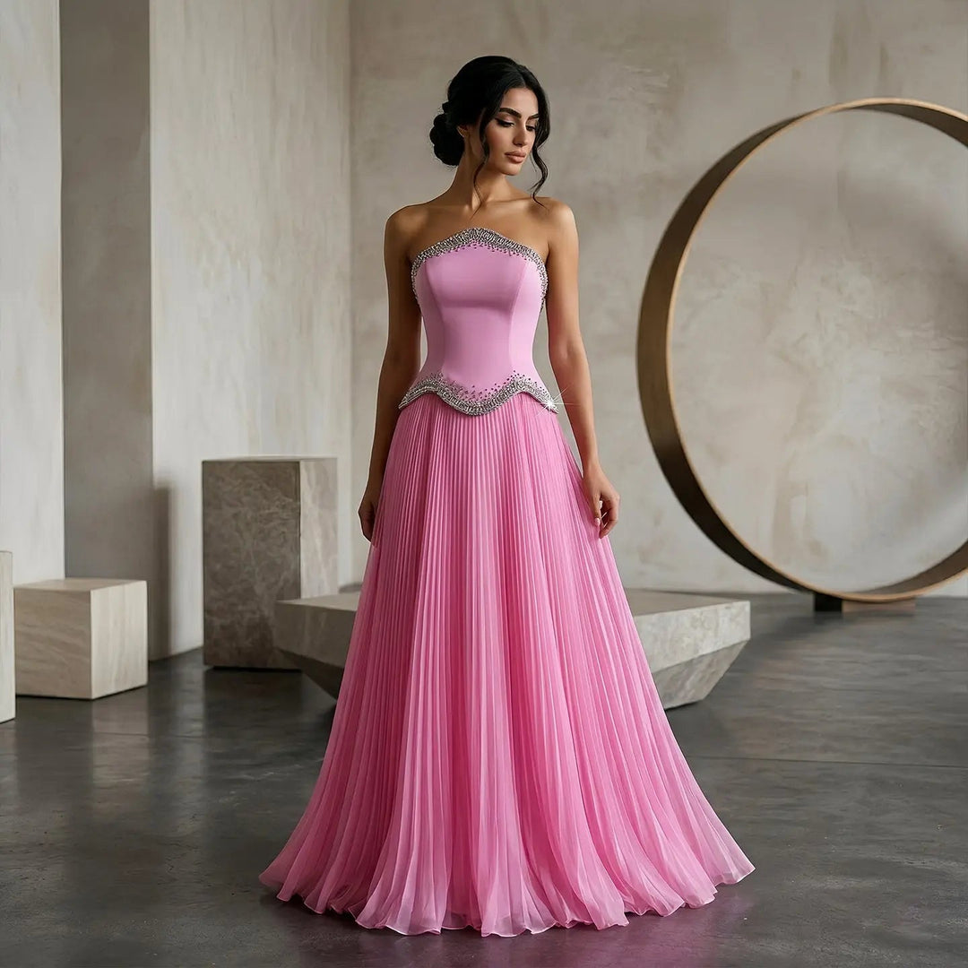 Elegant Strapless Chiffon Pleated Evening Dress with Crystal Trim Corset SS789-DreamyVow
