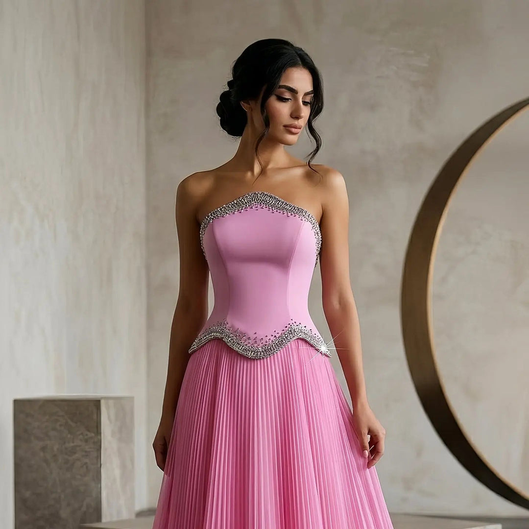 Elegant Strapless Chiffon Pleated Evening Dress with Crystal Trim Corset SS789-DreamyVow