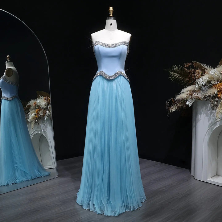 Elegant Strapless Chiffon Pleated Evening Dress with Crystal Trim Corset SS789-DreamyVow