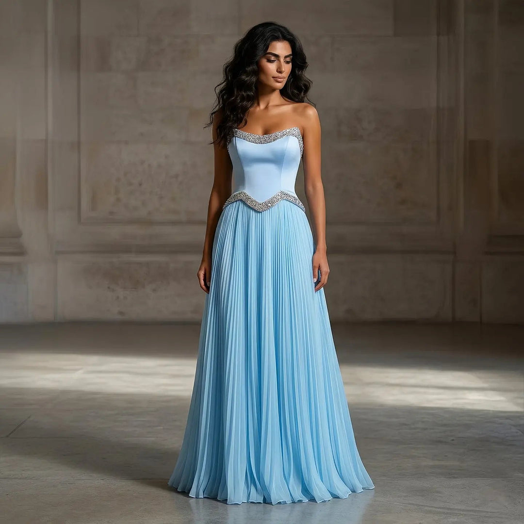 Elegant Strapless Chiffon Pleated Evening Dress with Crystal Trim Corset SS789-DreamyVow