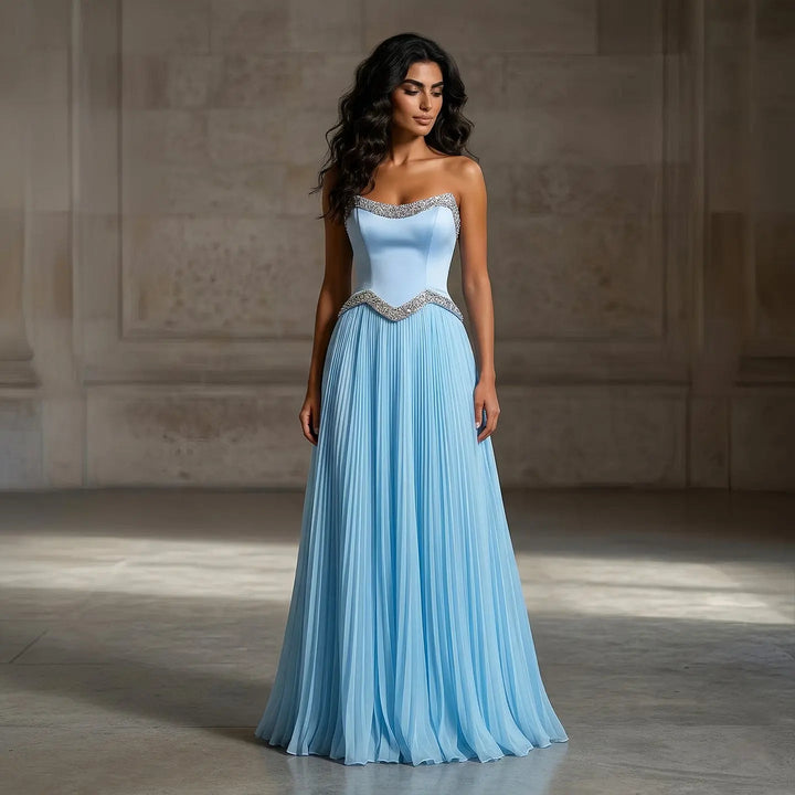 Elegant Strapless Chiffon Pleated Evening Dress with Crystal Trim Corset SS789-DreamyVow