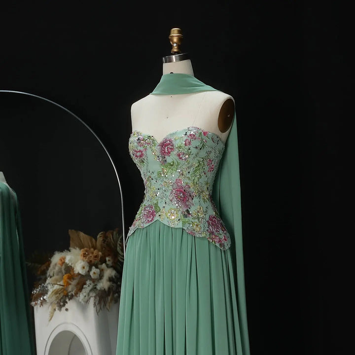 Elegant Strapless Floral Embroidered Chiffon Evening Dress with Pleated Skirt SS480-DreamyVow