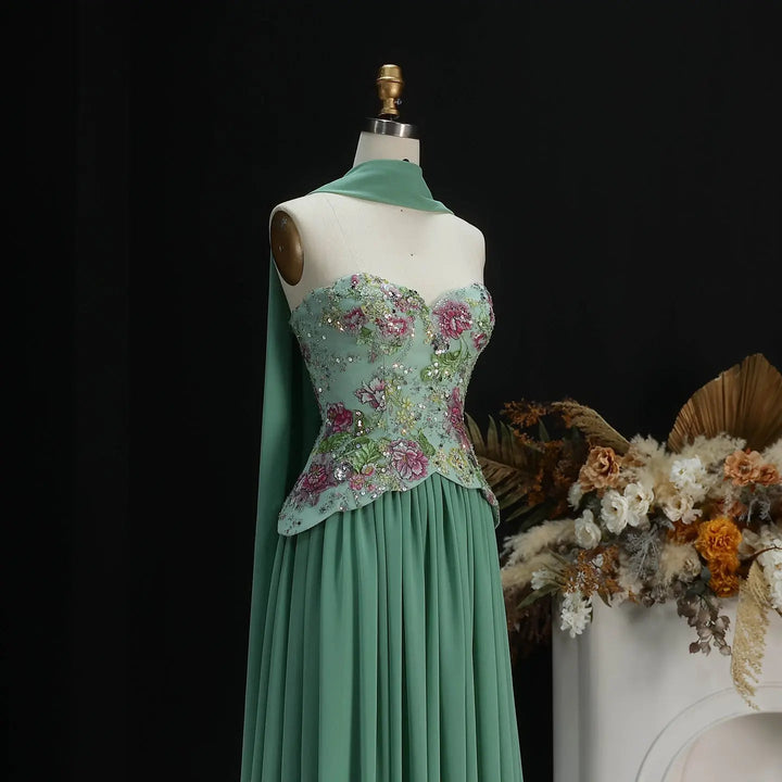 Elegant Strapless Floral Embroidered Chiffon Evening Dress with Pleated Skirt SS480-DreamyVow
