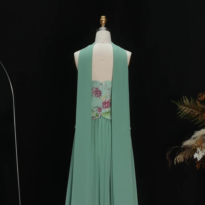 Elegant Strapless Floral Embroidered Chiffon Evening Dress with Pleated Skirt SS480-DreamyVow