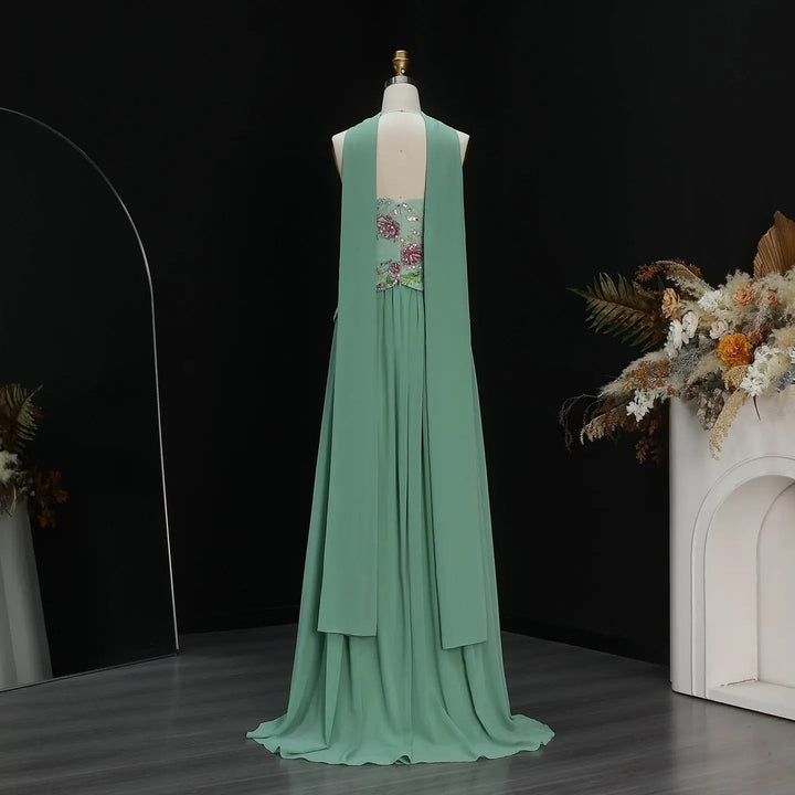 Elegant Strapless Floral Embroidered Chiffon Evening Dress with Pleated Skirt SS480-DreamyVow