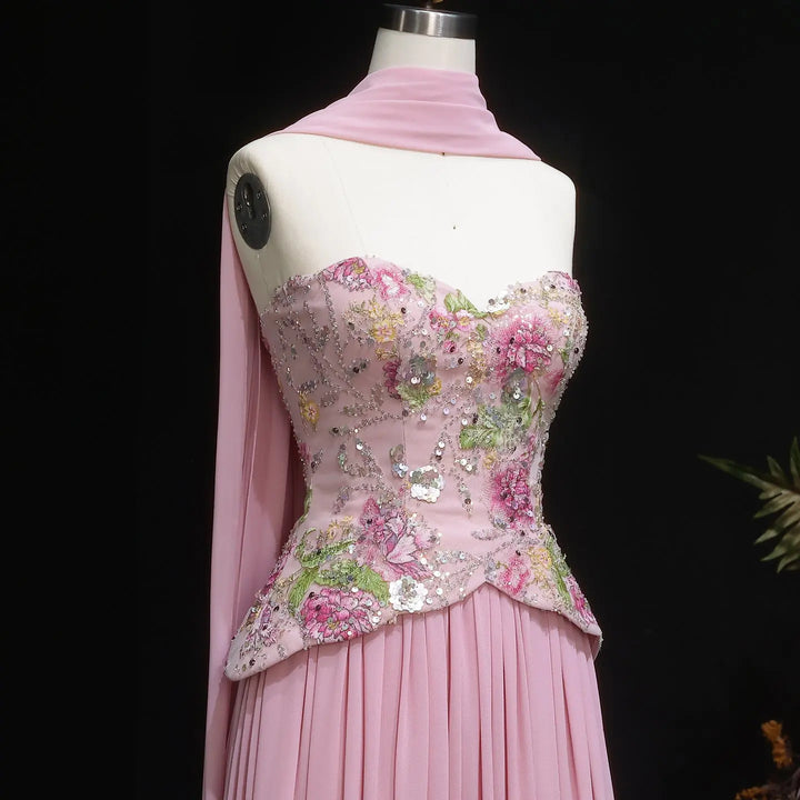 Elegant Strapless Floral Embroidered Chiffon Evening Dress with Pleated Skirt SS480-DreamyVow