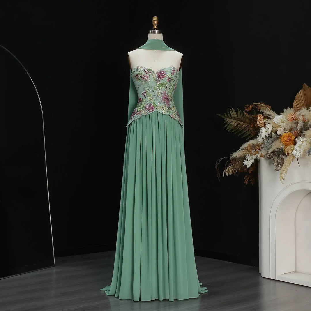 Elegant Strapless Floral Embroidered Chiffon Evening Dress with Pleated Skirt SS480-DreamyVow