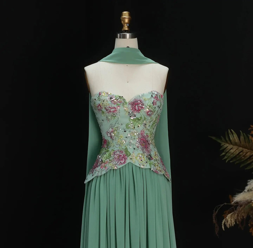 Elegant Strapless Floral Embroidered Chiffon Evening Dress with Pleated Skirt SS480-DreamyVow