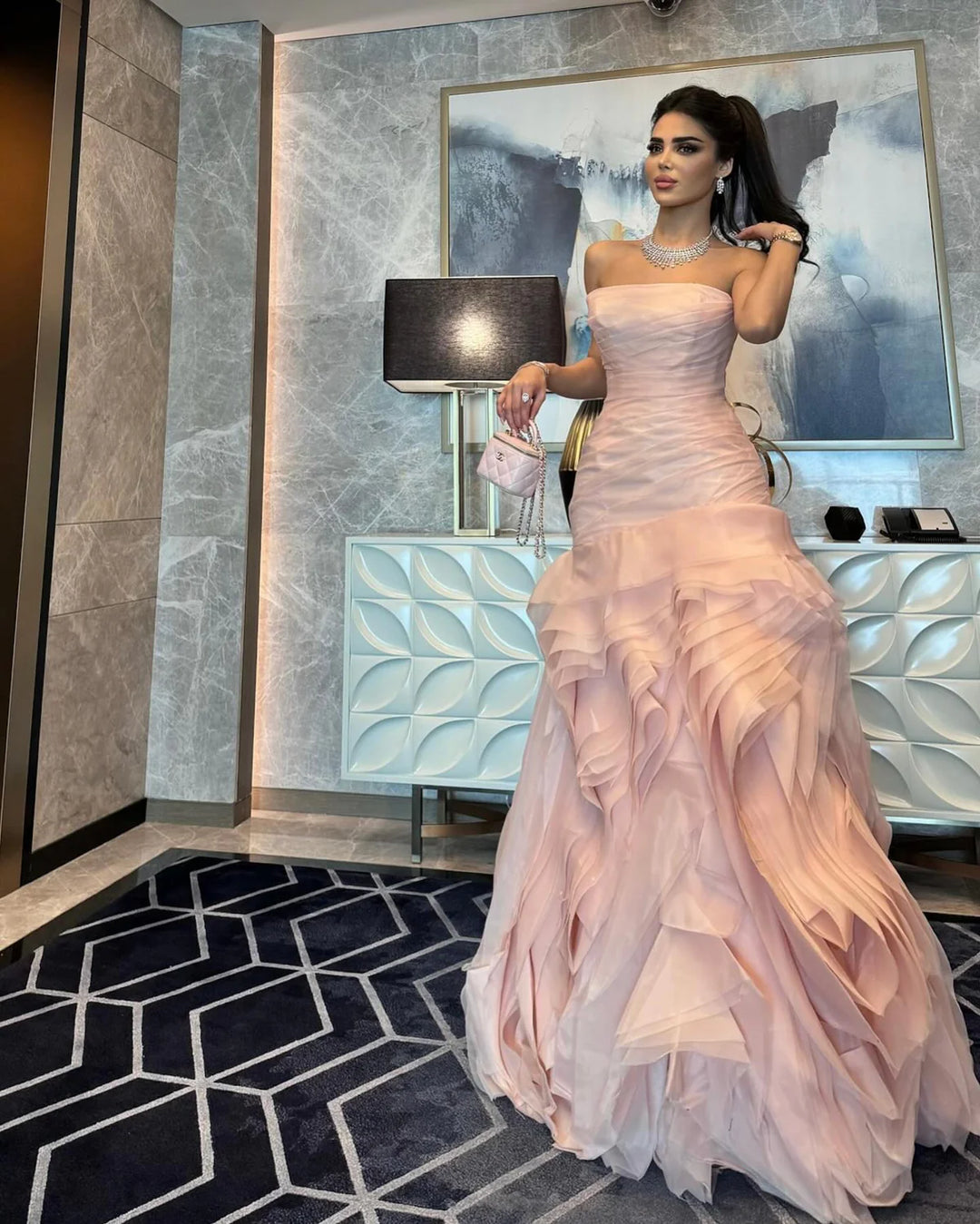 Elegant Strapless Ruffles Pink Evening Dress SF040 Pink / 12