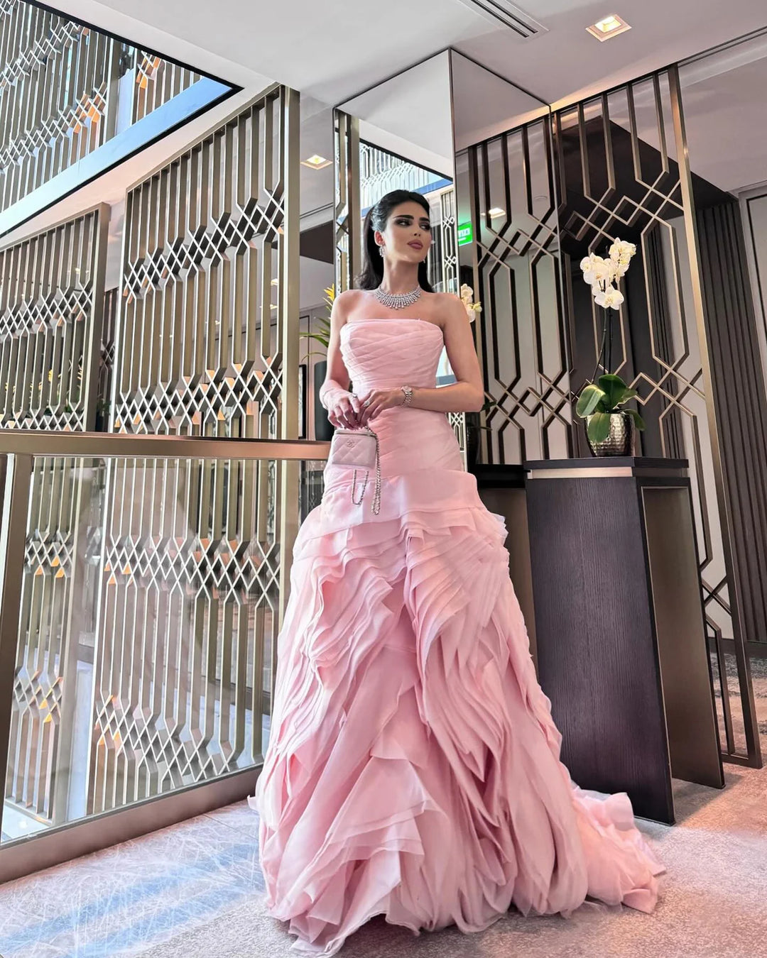 Elegant Strapless Ruffles Pink Evening Dress SF040 Pink / 12 Elegant Strapless Ruffles Pink Evening Dress SF040 Pink / 12