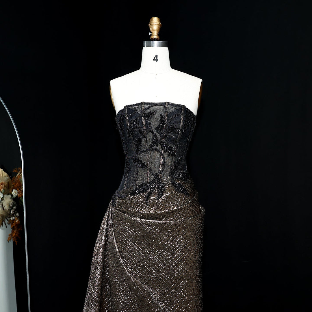 Elegant Strapless Sequin Black Evening Dress with Knot SS241
