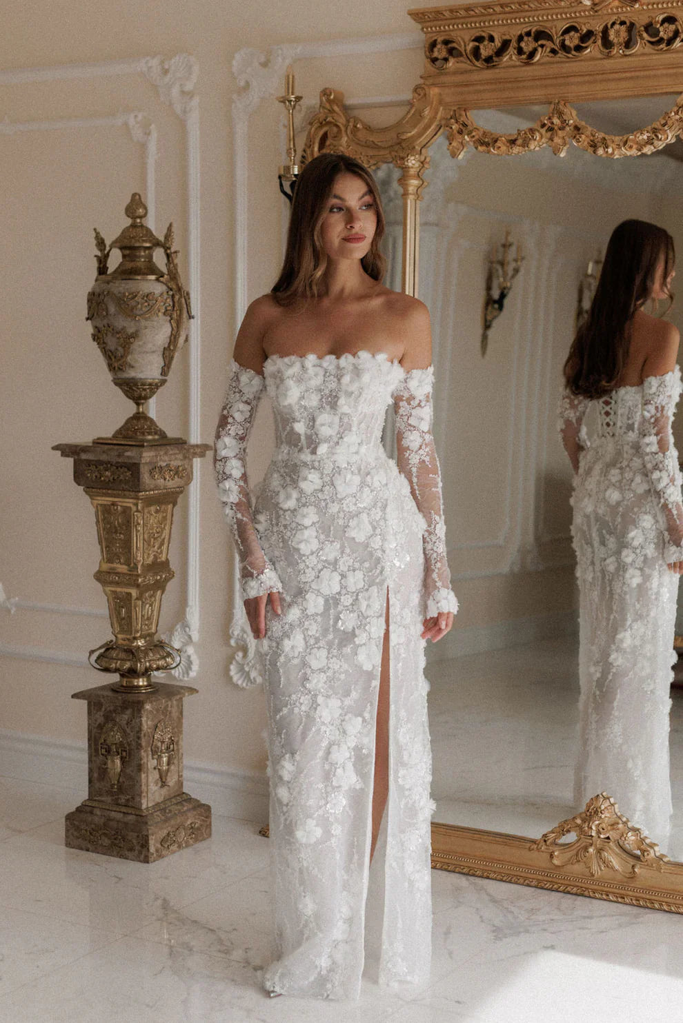 Elegant White 3D Floral Sequin Bridal Puff Sleeves Wedding Dress SW085-DreamyVow