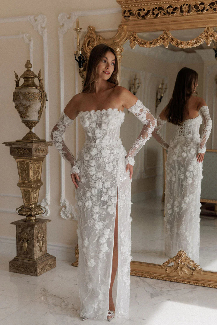 Elegant White 3D Floral Sequin Bridal Puff Sleeves Wedding Dress SW085-DreamyVow