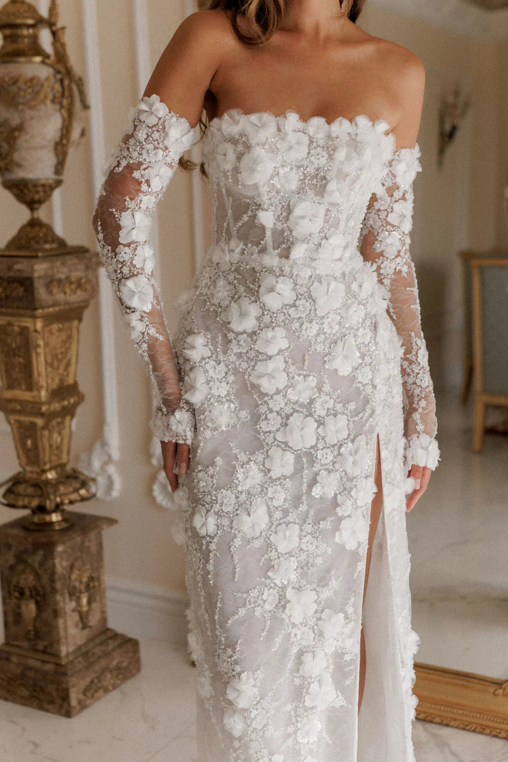 Elegant White 3D Floral Sequin Bridal Puff Sleeves Wedding Dress SW085 Elegant White 3D Floral Sequin Bridal Puff Sleeves Wedding Dress SW085
