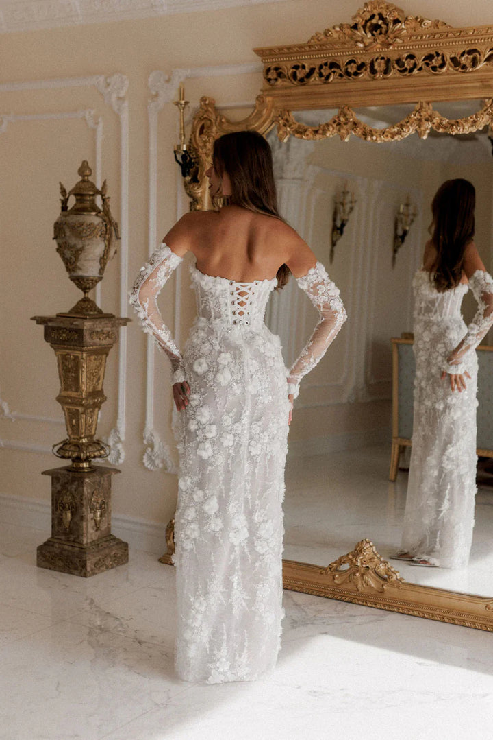 Elegant White 3D Floral Sequin Bridal Puff Sleeves Wedding Dress SW085-DreamyVow