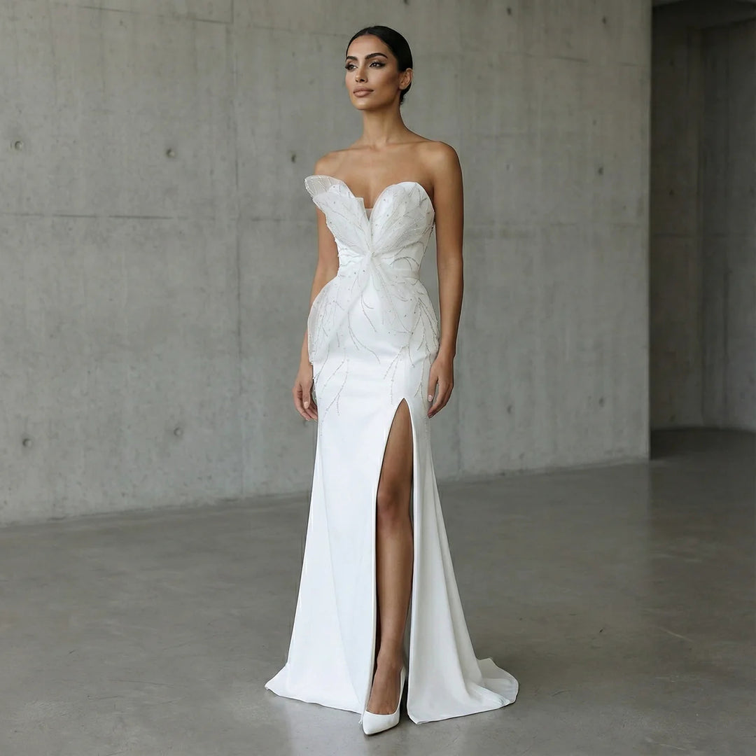 Elegant White Beaded Strapless with High Slit Evening Dress SS502-DreamyVow