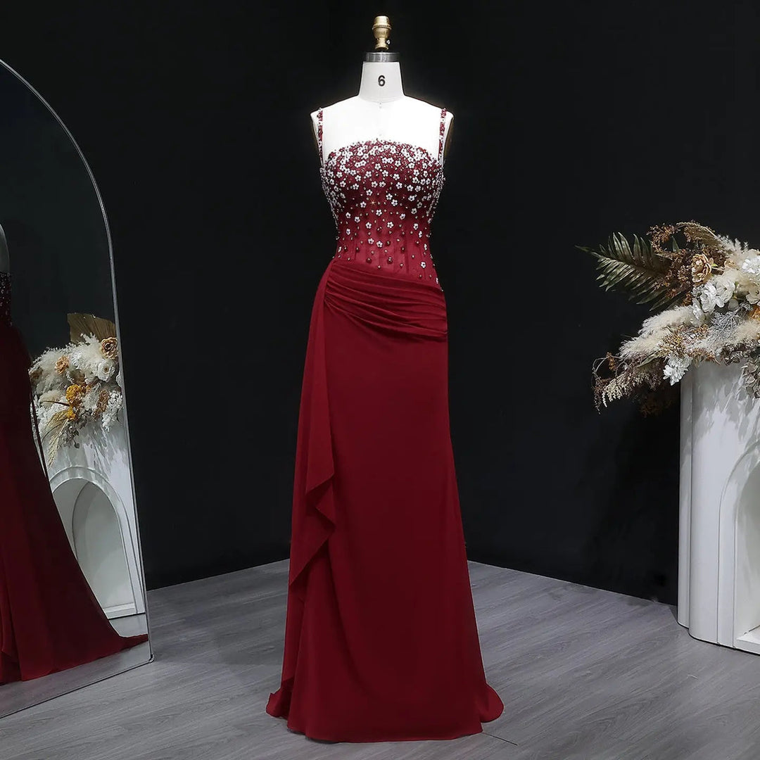 Elegant Wine Red Beaded Ruched Mermaid Gown SS248-DreamyVow