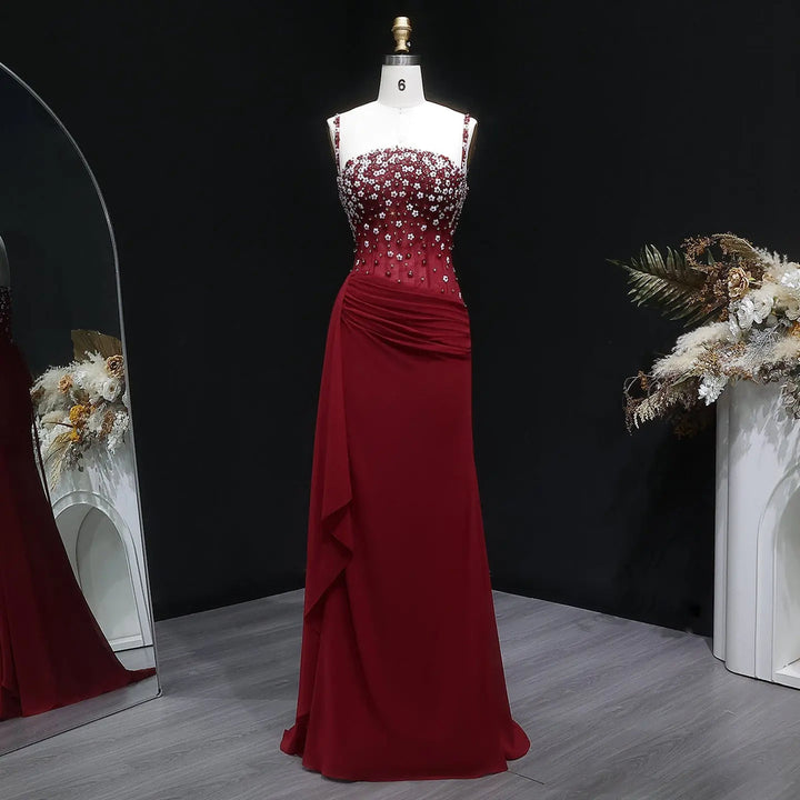 Elegant Wine Red Beaded Ruched Mermaid Gown SS248-DreamyVow