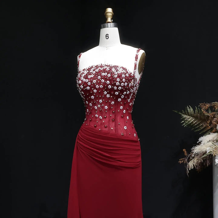 Elegant Wine Red Beaded Ruched Mermaid Gown SS248-DreamyVow