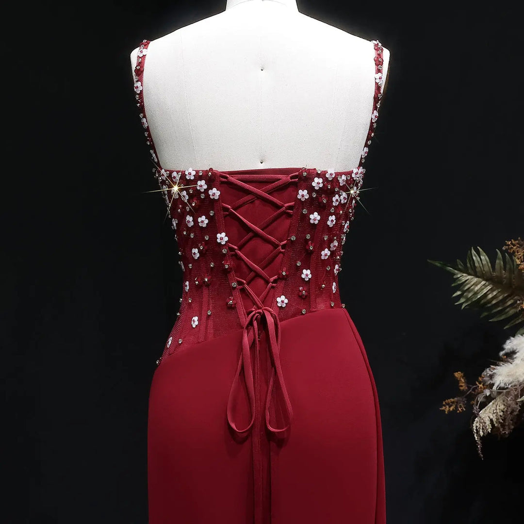 Elegant Wine Red Beaded Ruched Mermaid Gown SS248-DreamyVow