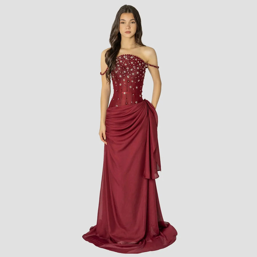 Elegant Wine Red Beaded Ruched Mermaid Gown SS248-DreamyVow