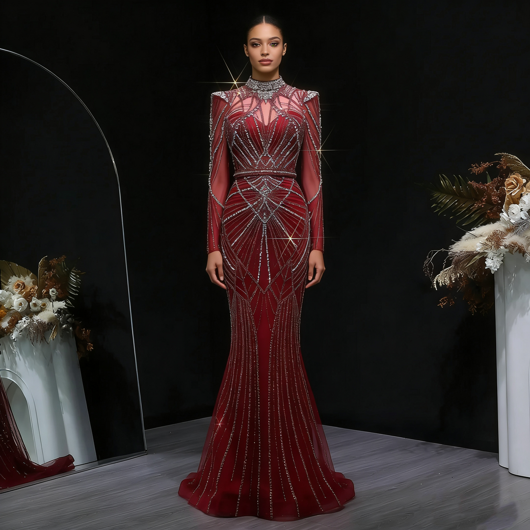 Elegant Wine Red Crystal Beaded Prom Dress with Long Sleeves SS186 Wine Red / 12 Elegant Wine Red Crystal Beaded Prom Dress with Long Sleeves SS186 Wine Red / 12