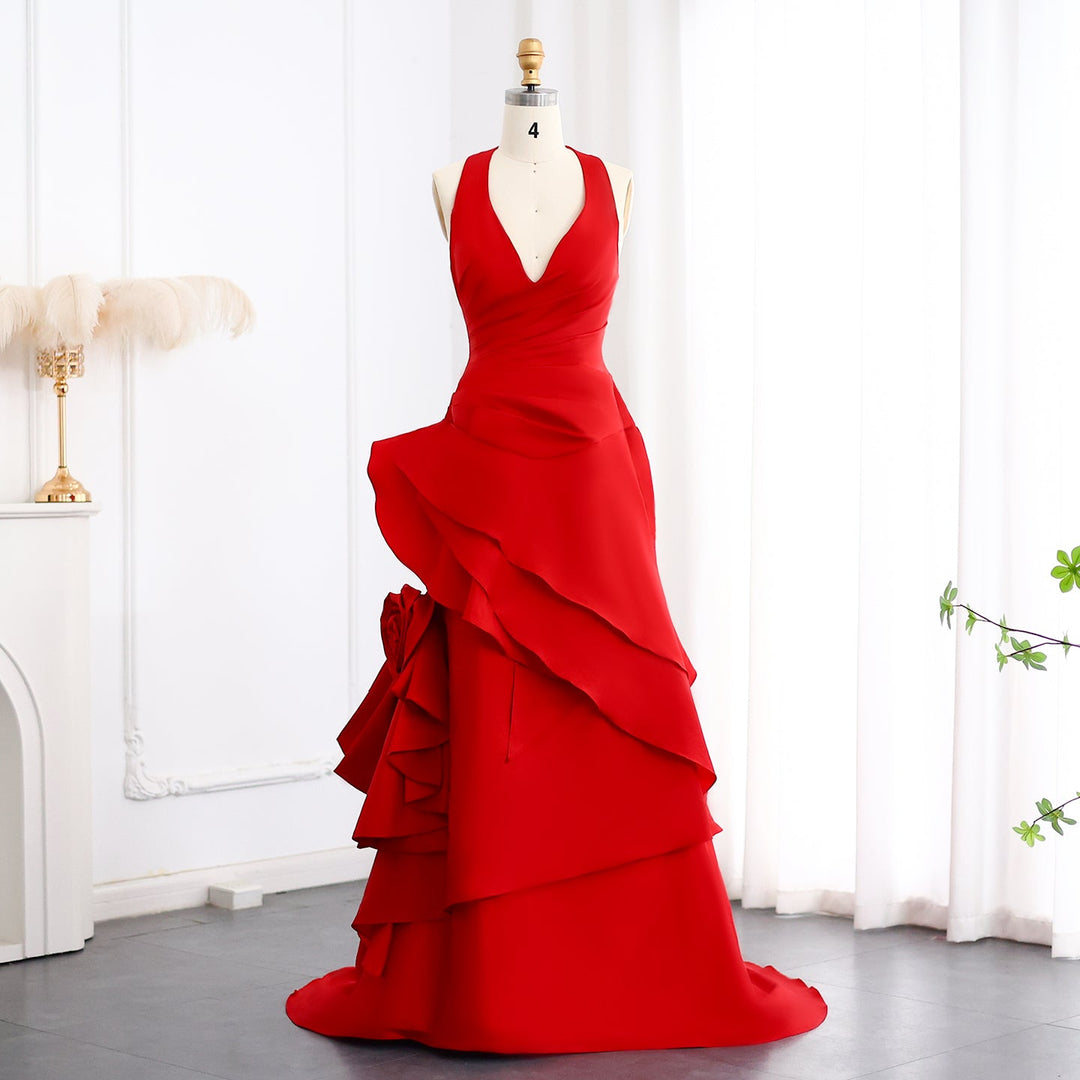 red mermaid prom dress with roses Mermaid Red V-neck Satin Dress With 3D Flowers