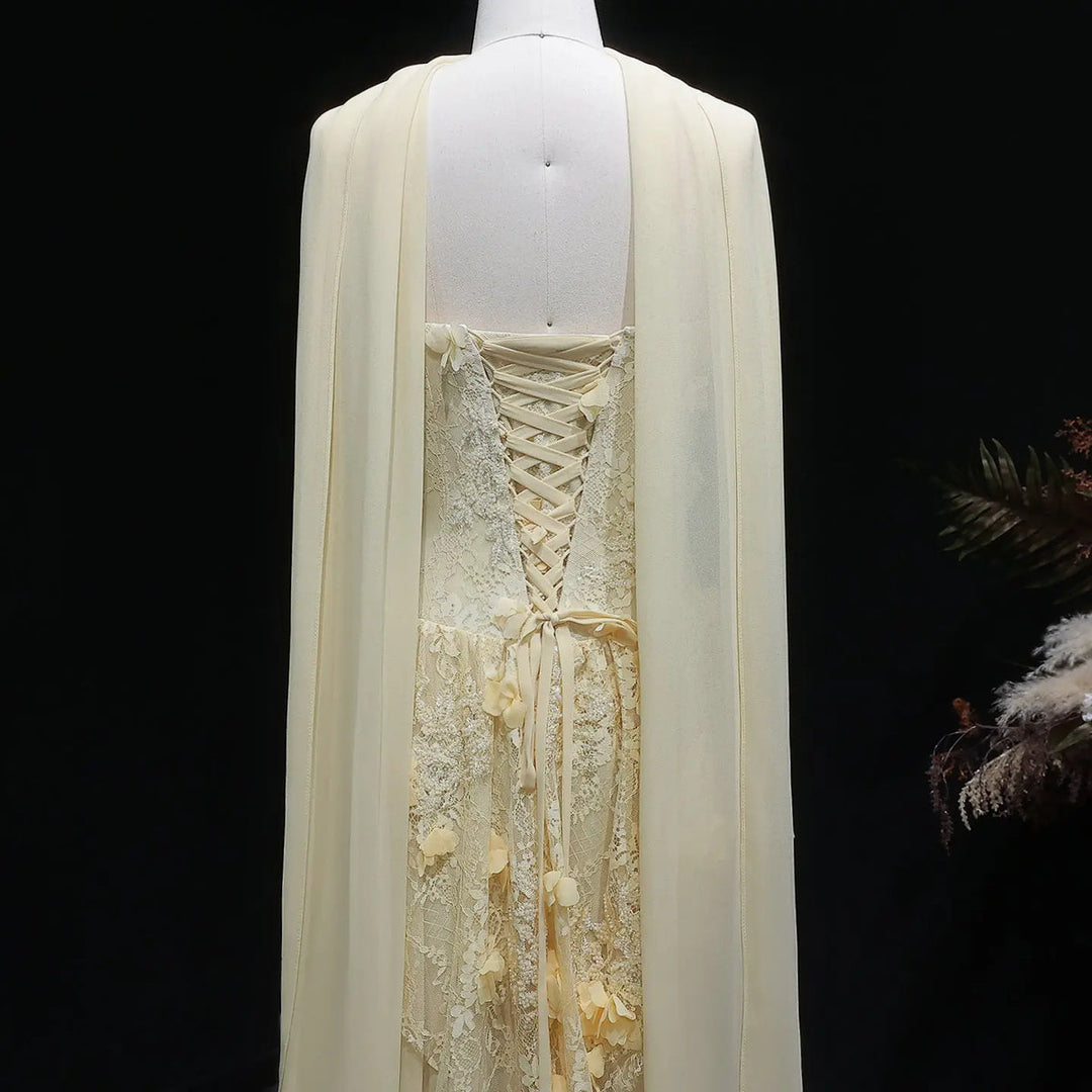Elegant Yellow Floral Strapless with Train Evening Dress SS654-DreamyVow