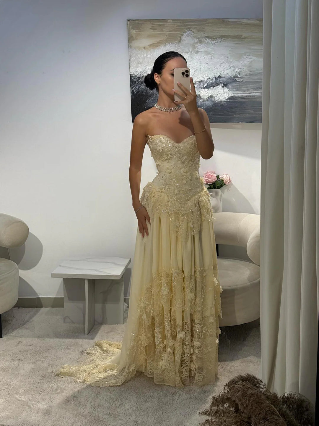 Elegant Yellow Floral Strapless with Train Evening Dress SS654-DreamyVow
