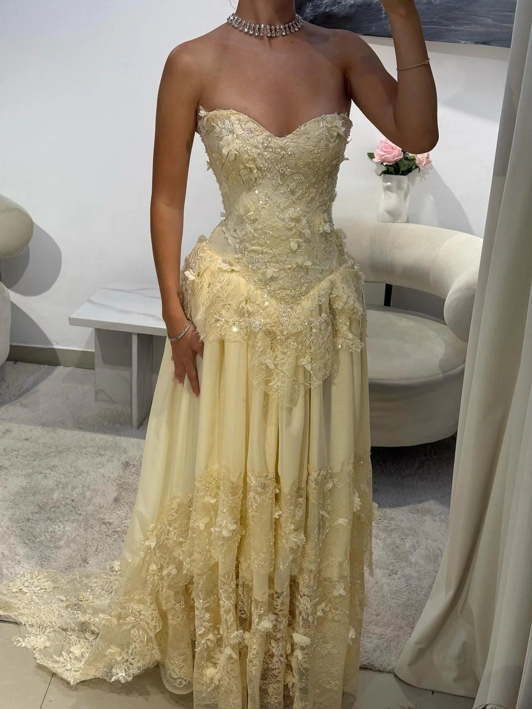 Elegant Yellow Floral Strapless with Train Evening Dress SS654-DreamyVow