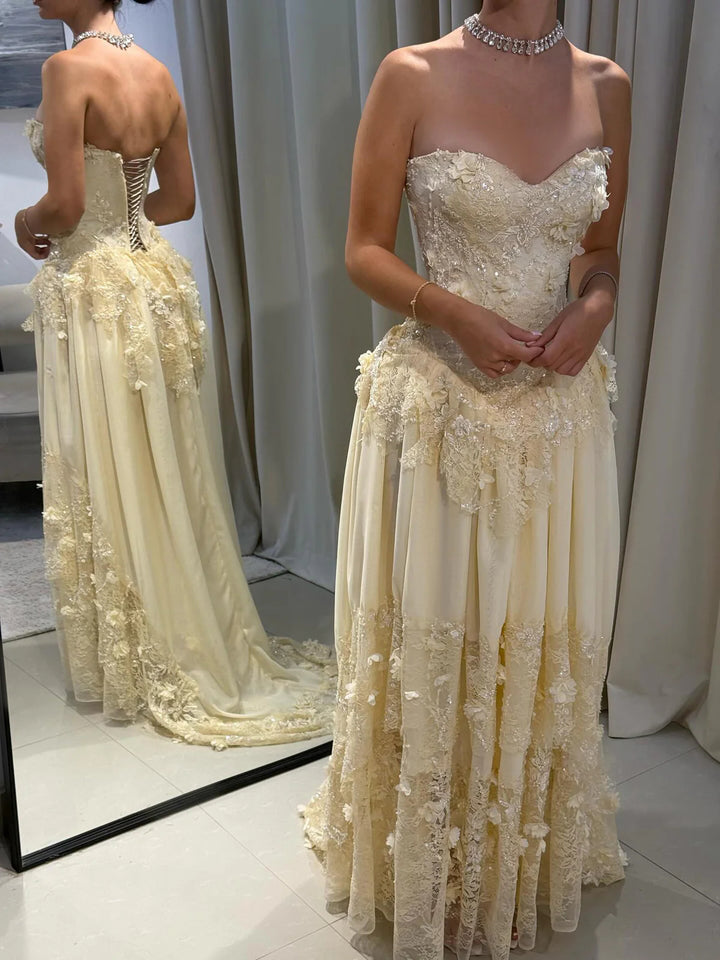 Elegant Yellow Floral Strapless with Train Evening Dress SS654-DreamyVow