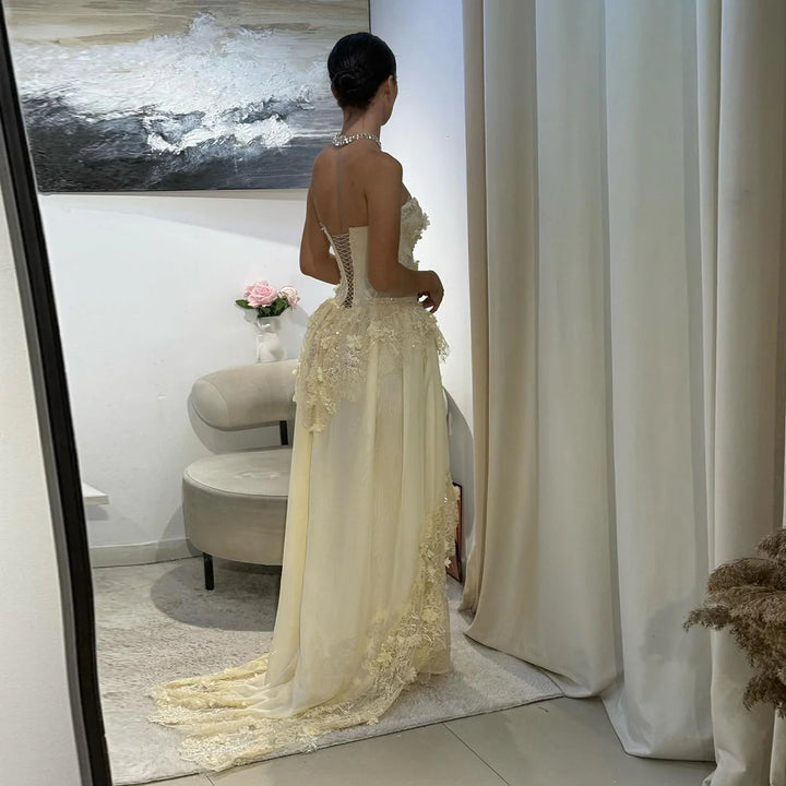Elegant Yellow Floral Strapless with Train Evening Dress SS654-DreamyVow