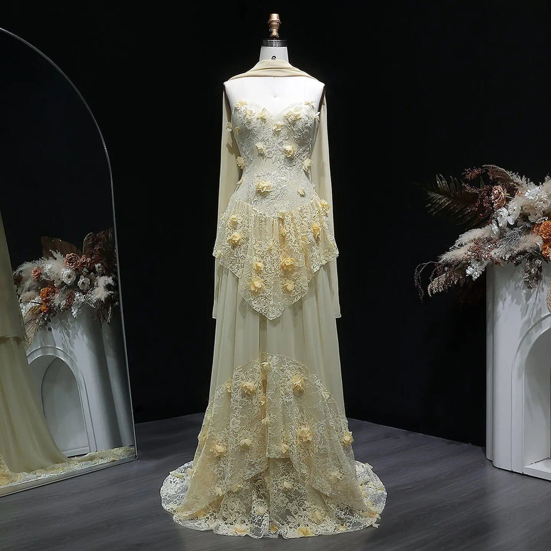 Elegant Yellow Floral Strapless with Train Evening Dress SS654 Light Yellow / 8