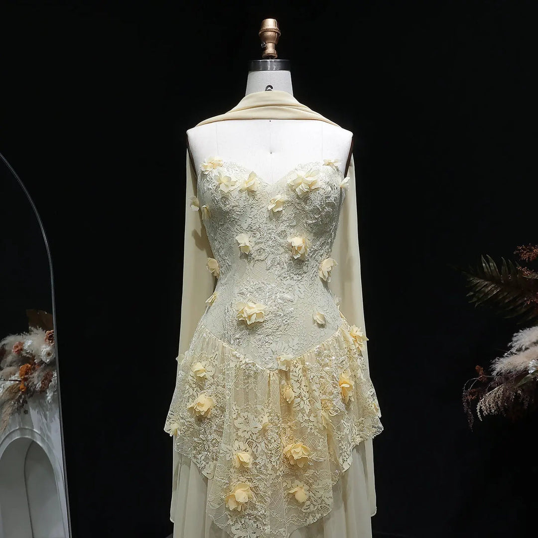Elegant Yellow Floral Strapless with Train Evening Dress SS654-DreamyVow