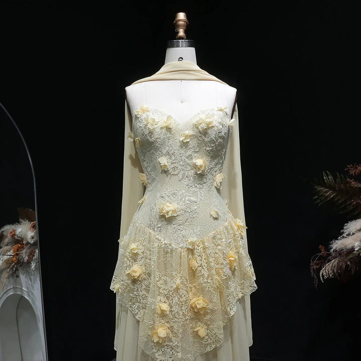 Elegant Yellow Floral Strapless with Train Evening Dress SS654-DreamyVow