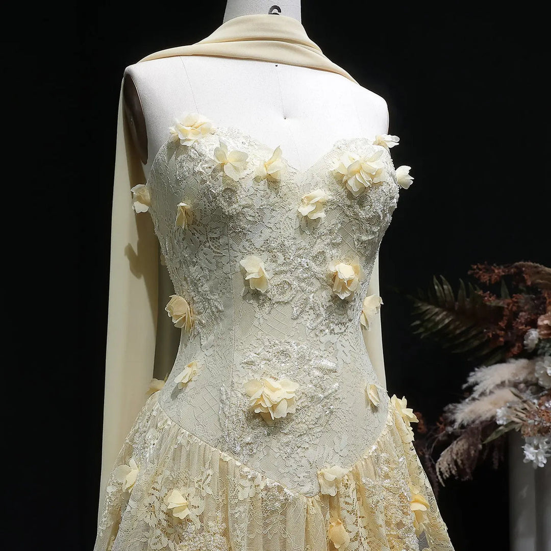 Elegant Yellow Floral Strapless with Train Evening Dress SS654-DreamyVow