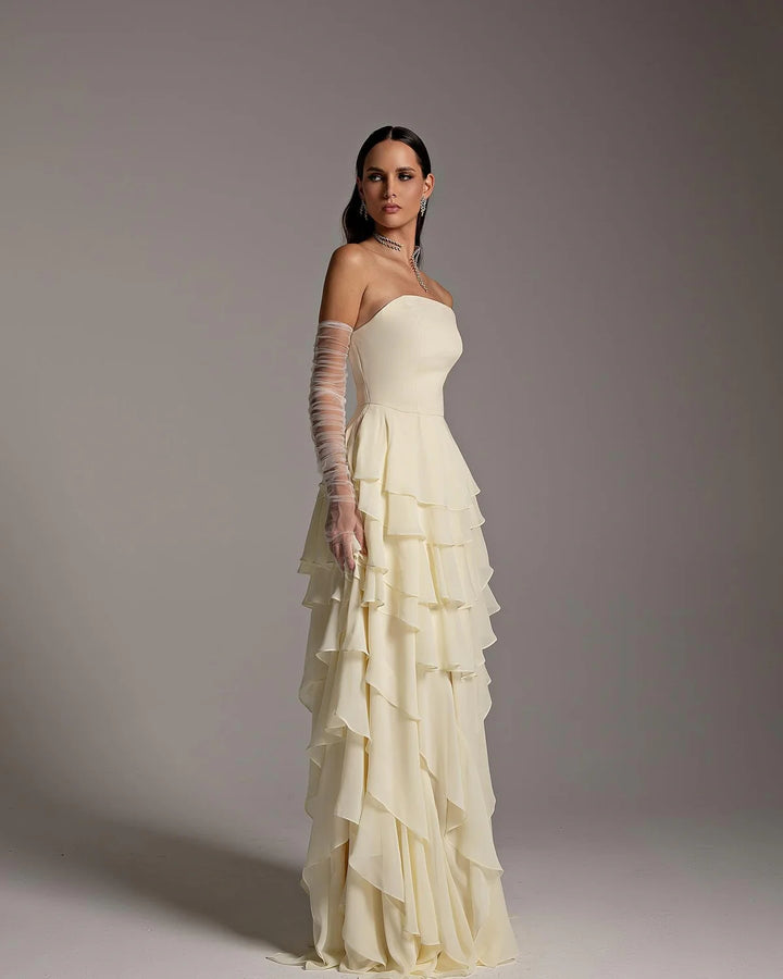 Elegant Yellow Strapless Ruffles Evening Dress SF256