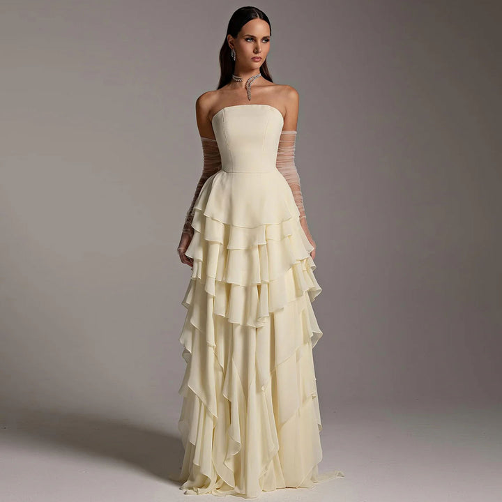 Elegant Yellow Strapless Ruffles Evening Dress SF256