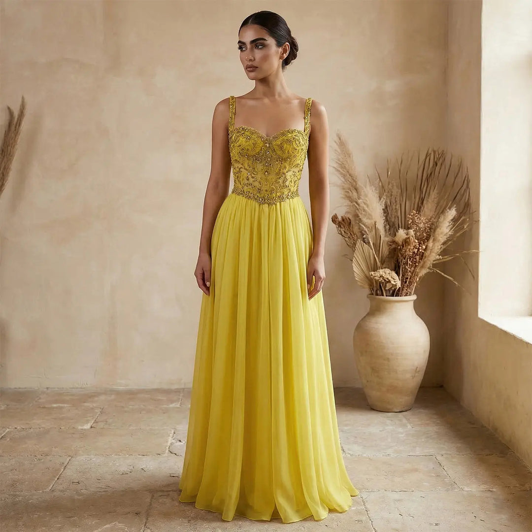 Elegant Yellow with Crystal Beaded Top Flowing A-line Evening Gown SS387-DreamyVow