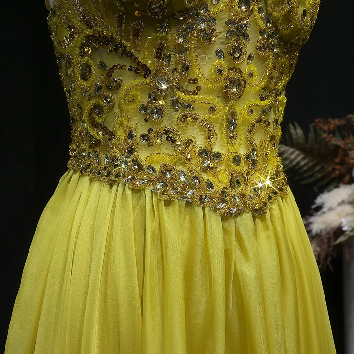 Elegant Yellow with Crystal Beaded Top Flowing A-line Evening Gown SS387-DreamyVow