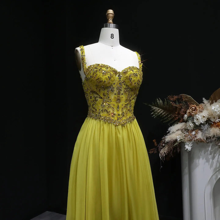 Elegant Yellow with Crystal Beaded Top Flowing A-line Evening Gown SS387-DreamyVow