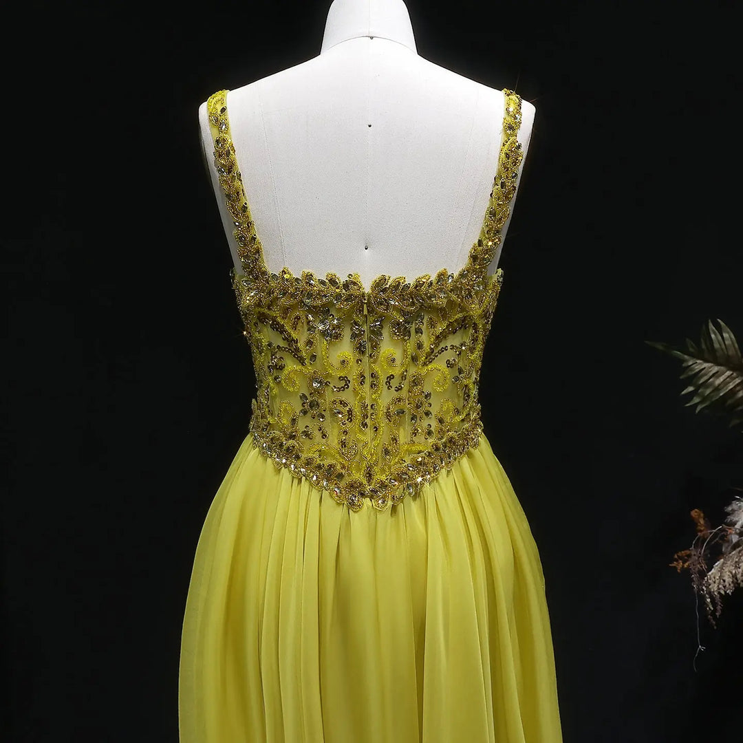 Elegant Yellow with Crystal Beaded Top Flowing A-line Evening Gown SS387-DreamyVow