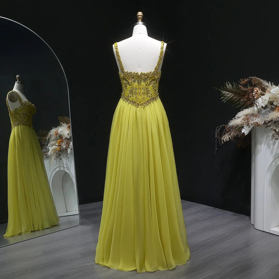 Elegant Yellow with Crystal Beaded Top Flowing A-line Evening Gown SS387-DreamyVow