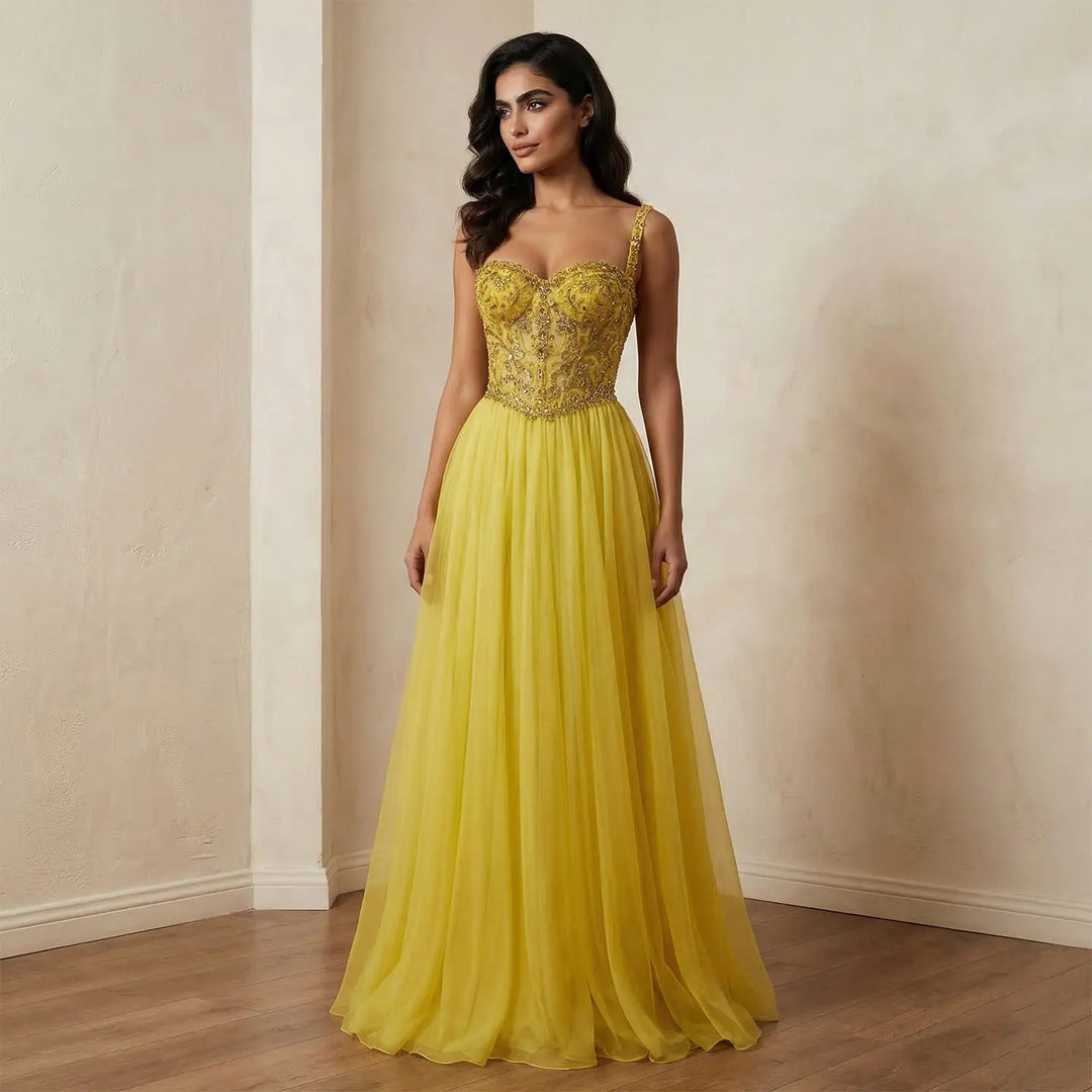 Elegant Yellow with Crystal Beaded Top Flowing A-line Evening Gown SS387-DreamyVow