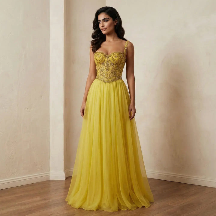 Elegant Yellow with Crystal Beaded Top Flowing A-line Evening Gown SS387-DreamyVow