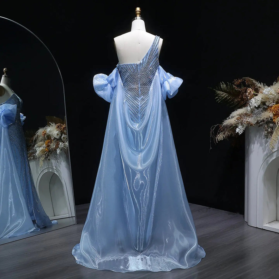 Elegent Blue Beaded One-Shoulder Evening Dress with Flowing Cape SS016-DreamyVow
