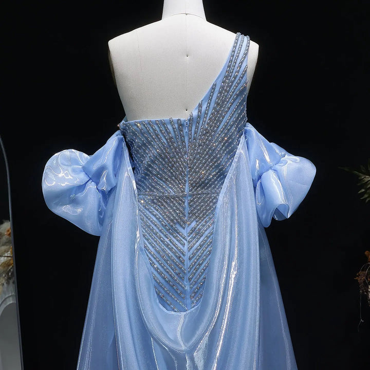 Elegent Blue Beaded One-Shoulder Evening Dress with Flowing Cape SS016-DreamyVow